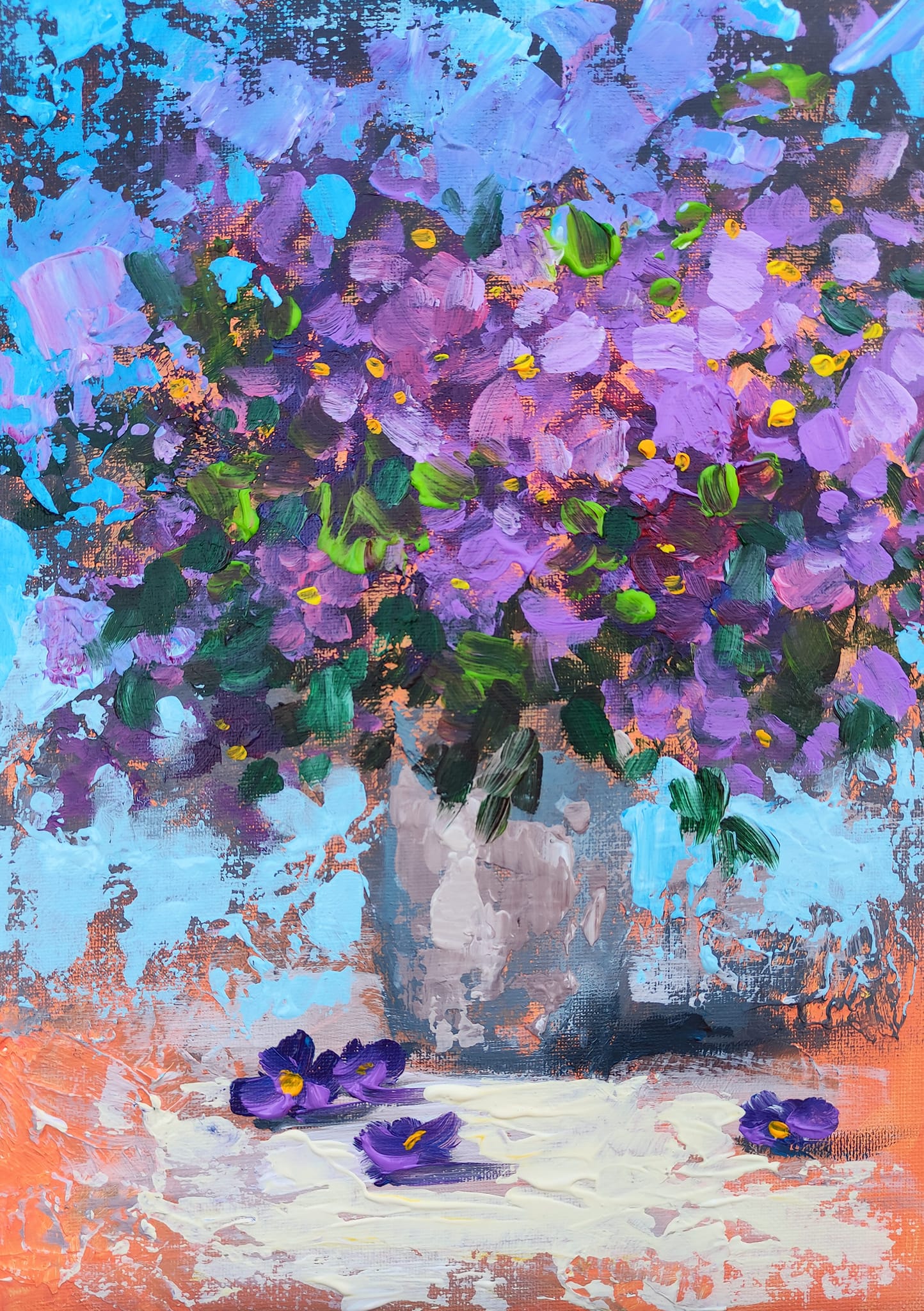 "Flowers" - "Квіти", 2022, Canvas on cardboard, acrylic, 33x24 cm, Olena Klymenko. Ukraine.
