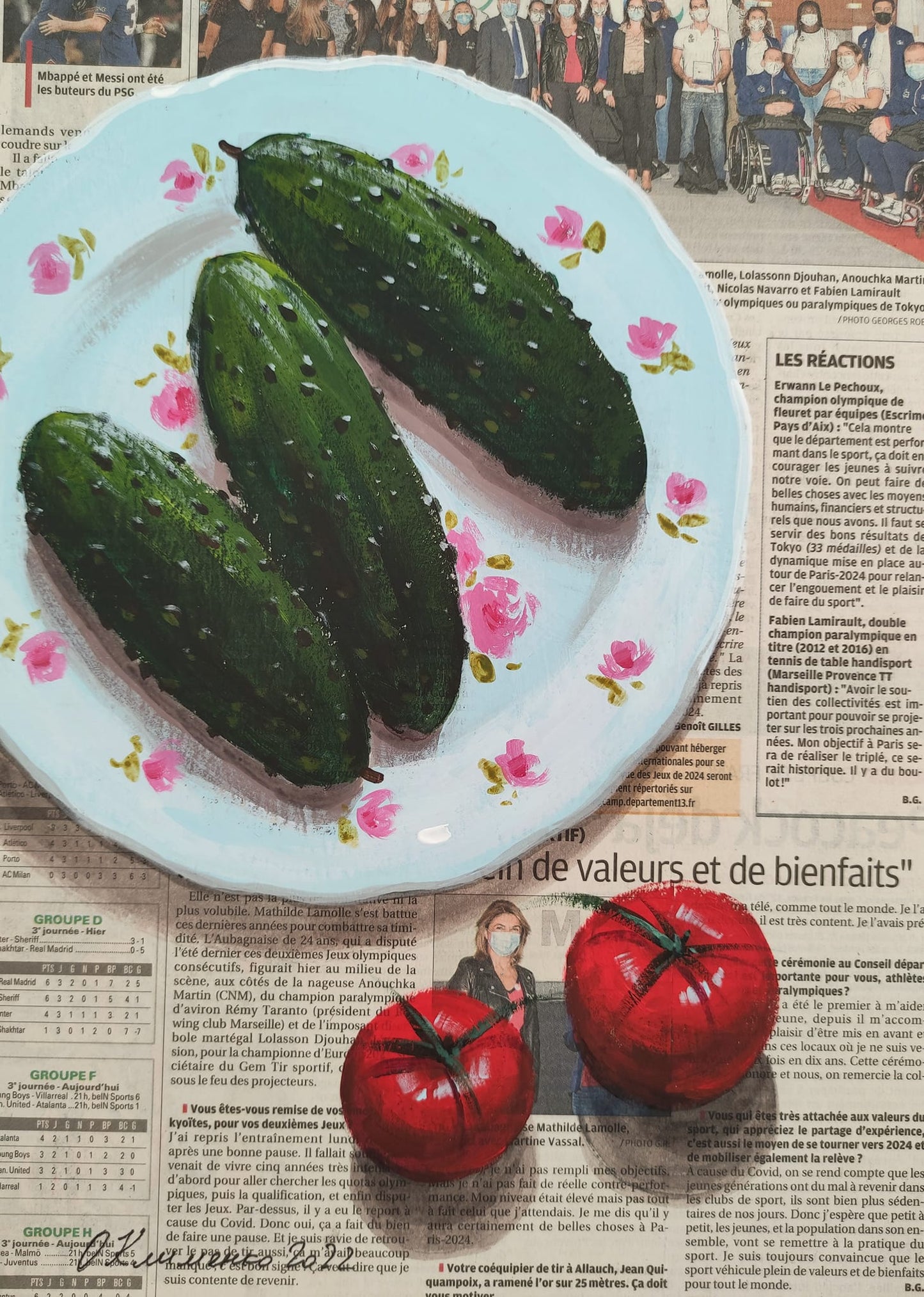 "Cucumbers, Tomatoes" - "Огірочки, помідорчики", 2022, Canvas on cardboard, newspaper, acrylic, 33x24 cm, Olena Klymenko.