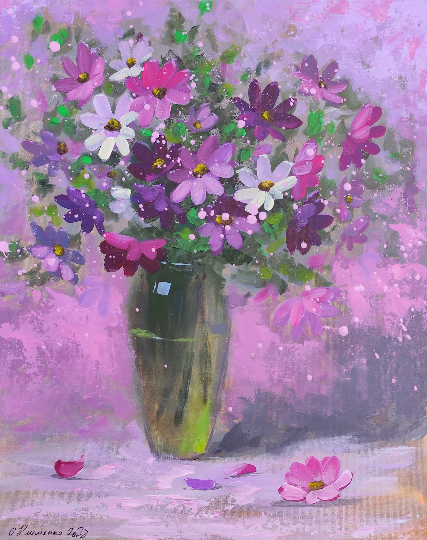 "Cosmea" - "Космеї", 2022, Canvas on cardboard, acrylic, 50x40 cm, Olena Klymenko.