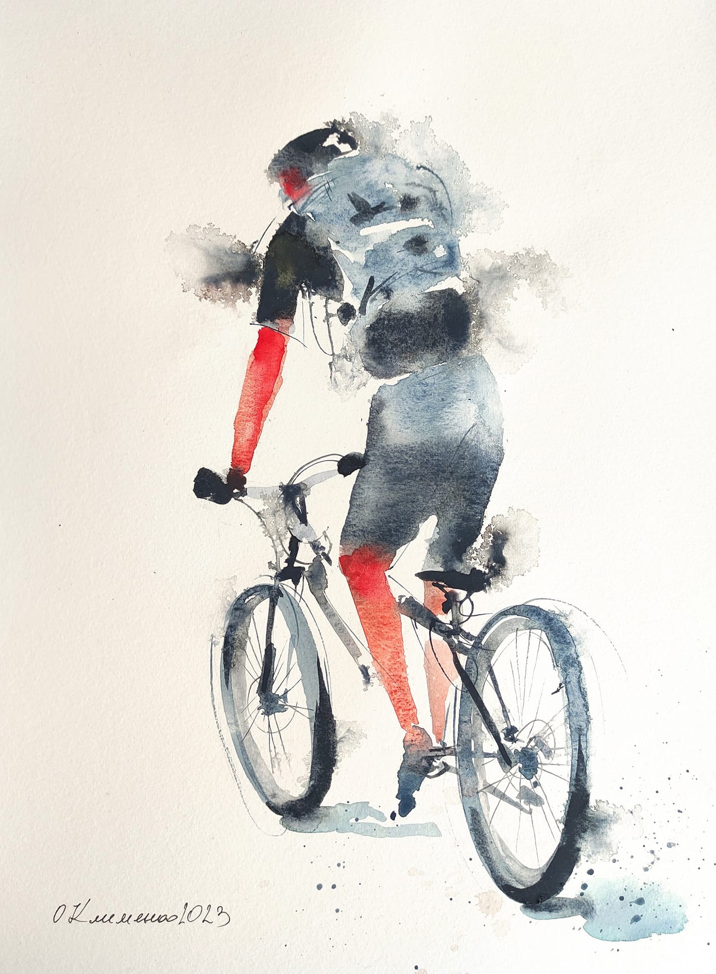 "Cyclist" - "Велосипедист", 2023, The work is framed in a mat, Paper, watercolor, 40х50 см.