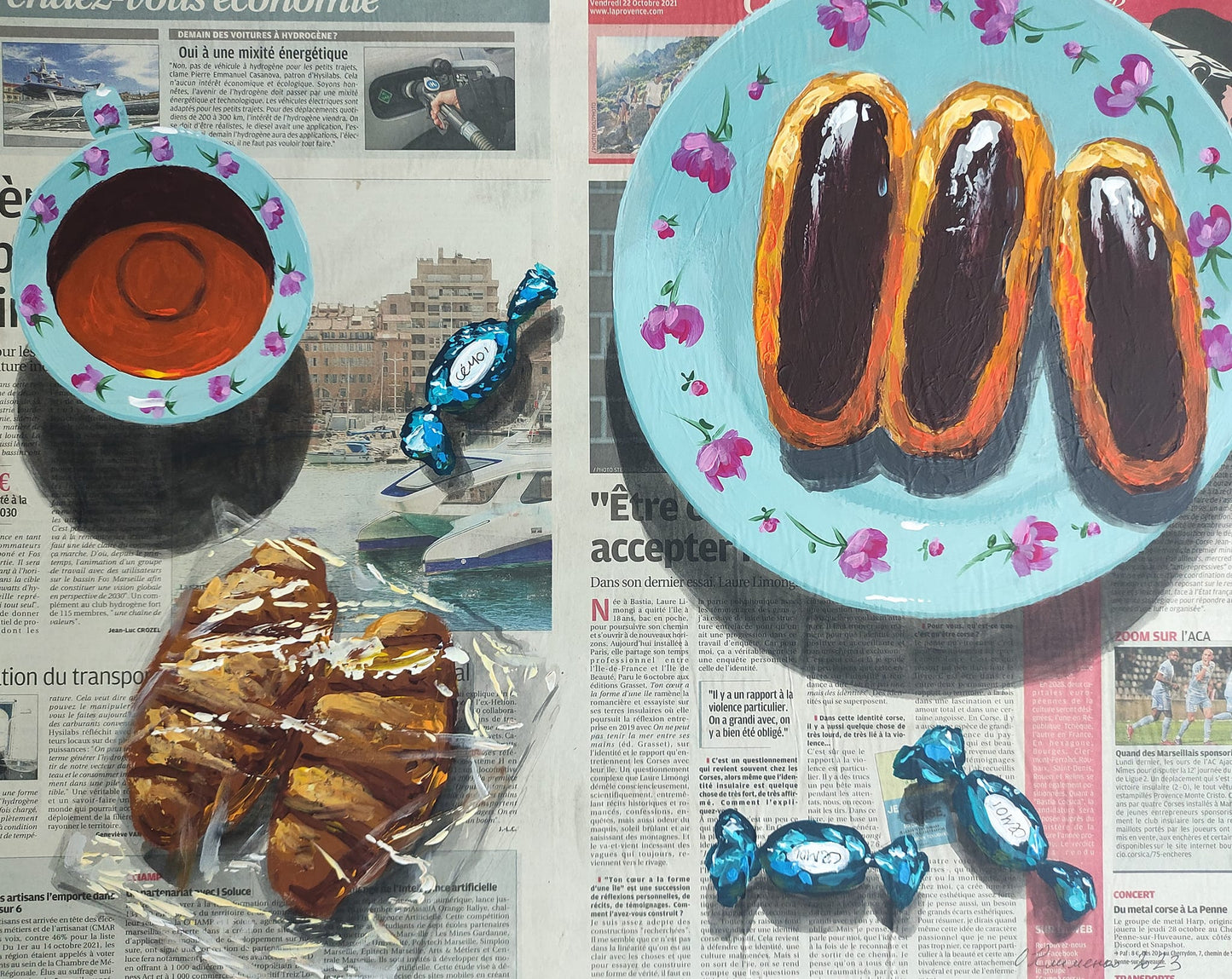 "Gourmet Breakfast" - "Сніданок гурмана", 2023, Hardboard, newspaper, acrylic, 40x50 cm, Olena Klymenko.