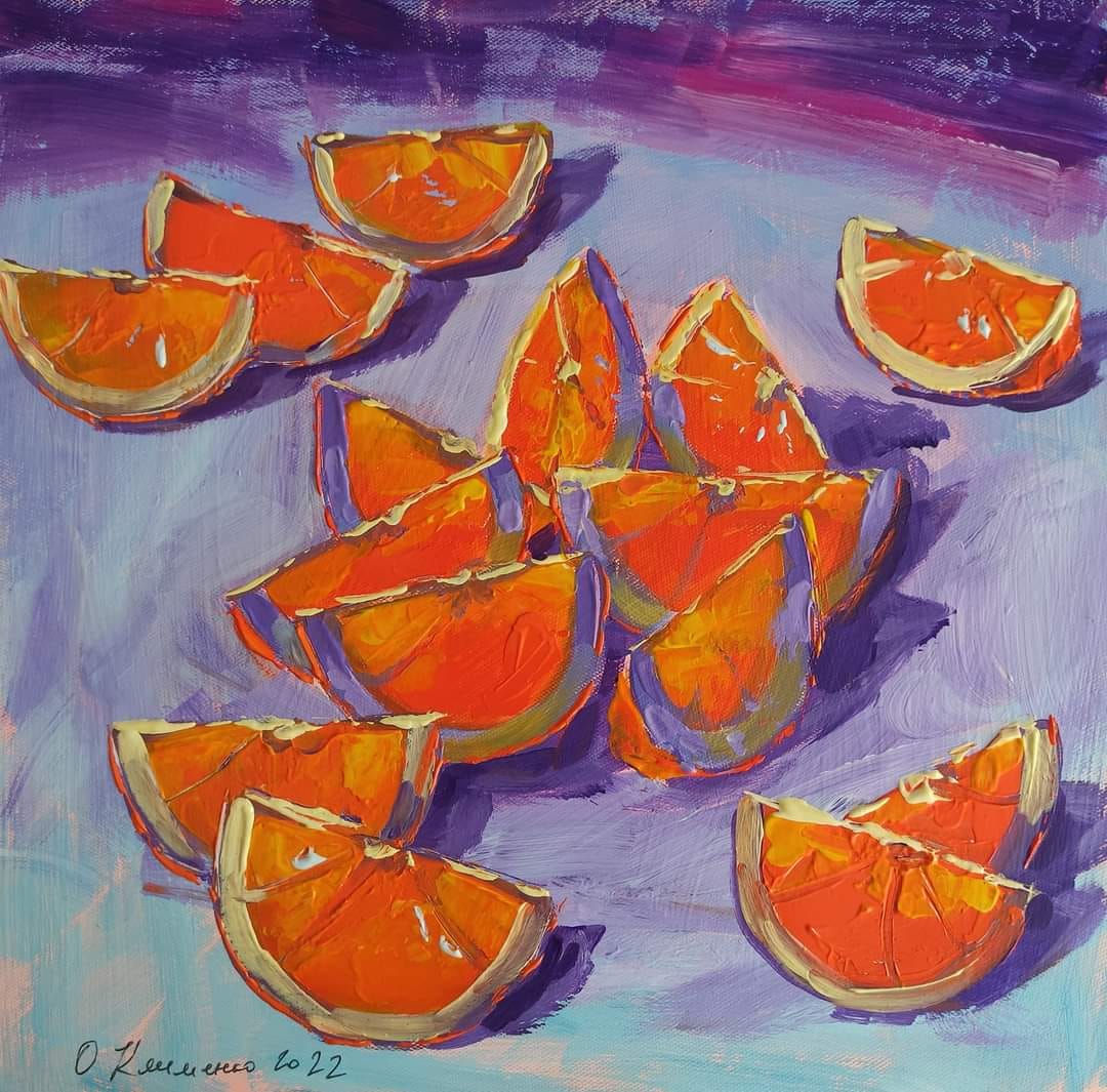"Citrus Story" - "Цитрусова історія", 2022, Canvas, acrylic, 30x30 cm, Olena Klymenko.