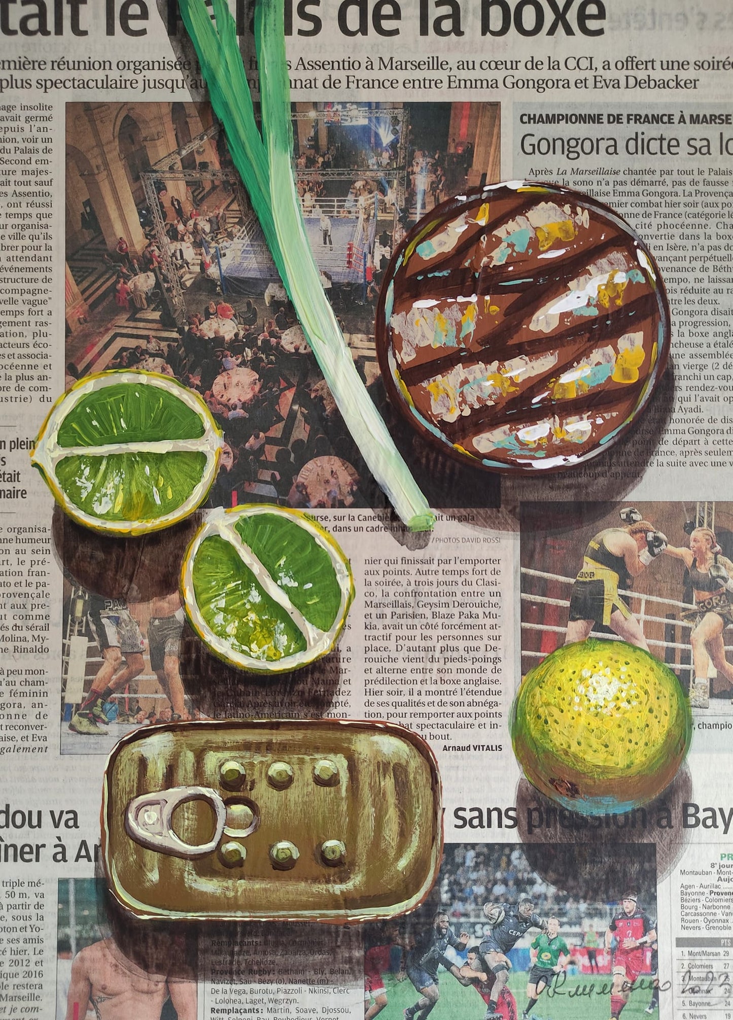 "Conservative Still Life" - "Консервативний натюрморт", 2023, Hardboard, newspaper, acrylic, 33x24 cm, Olena Klymenko.