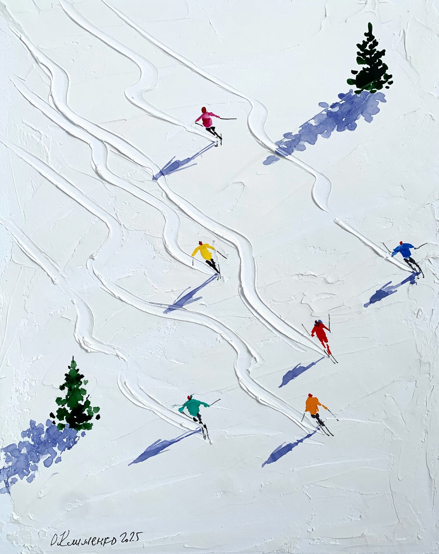Colorful Skiers on a Snowy Slope – Original Winter Painting