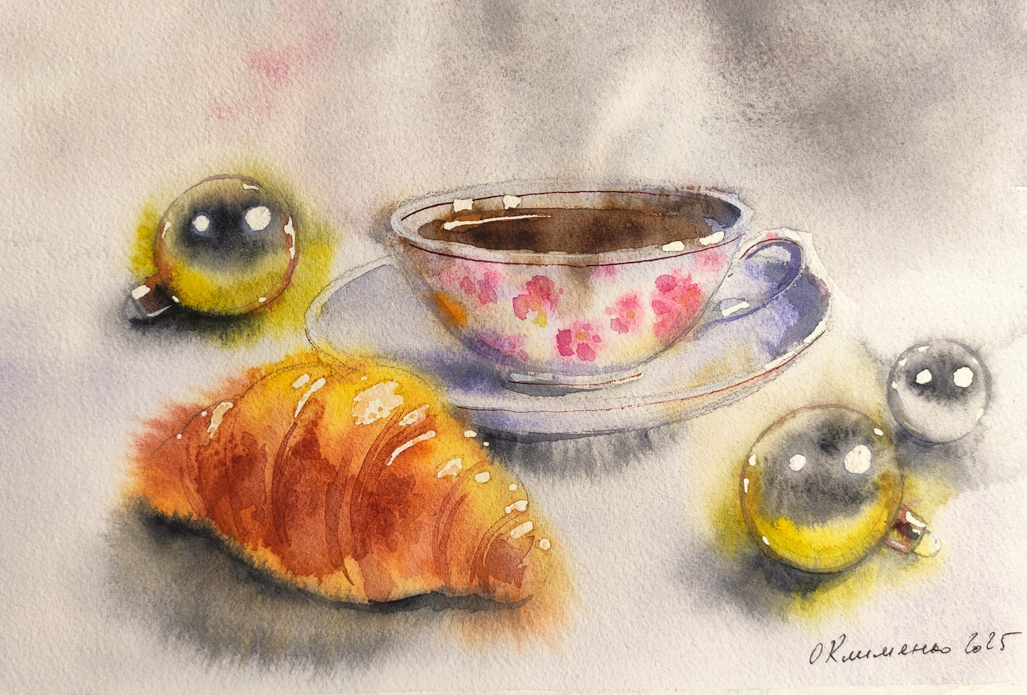 “Morning Warmth: Coffee & Croissant — Original Watercolor Painting (28x19 cm)”