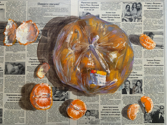 “Tangerine Day”. Materials: cardboard, newspaper, oil paint, varnish
Size: 40 × 50 cm