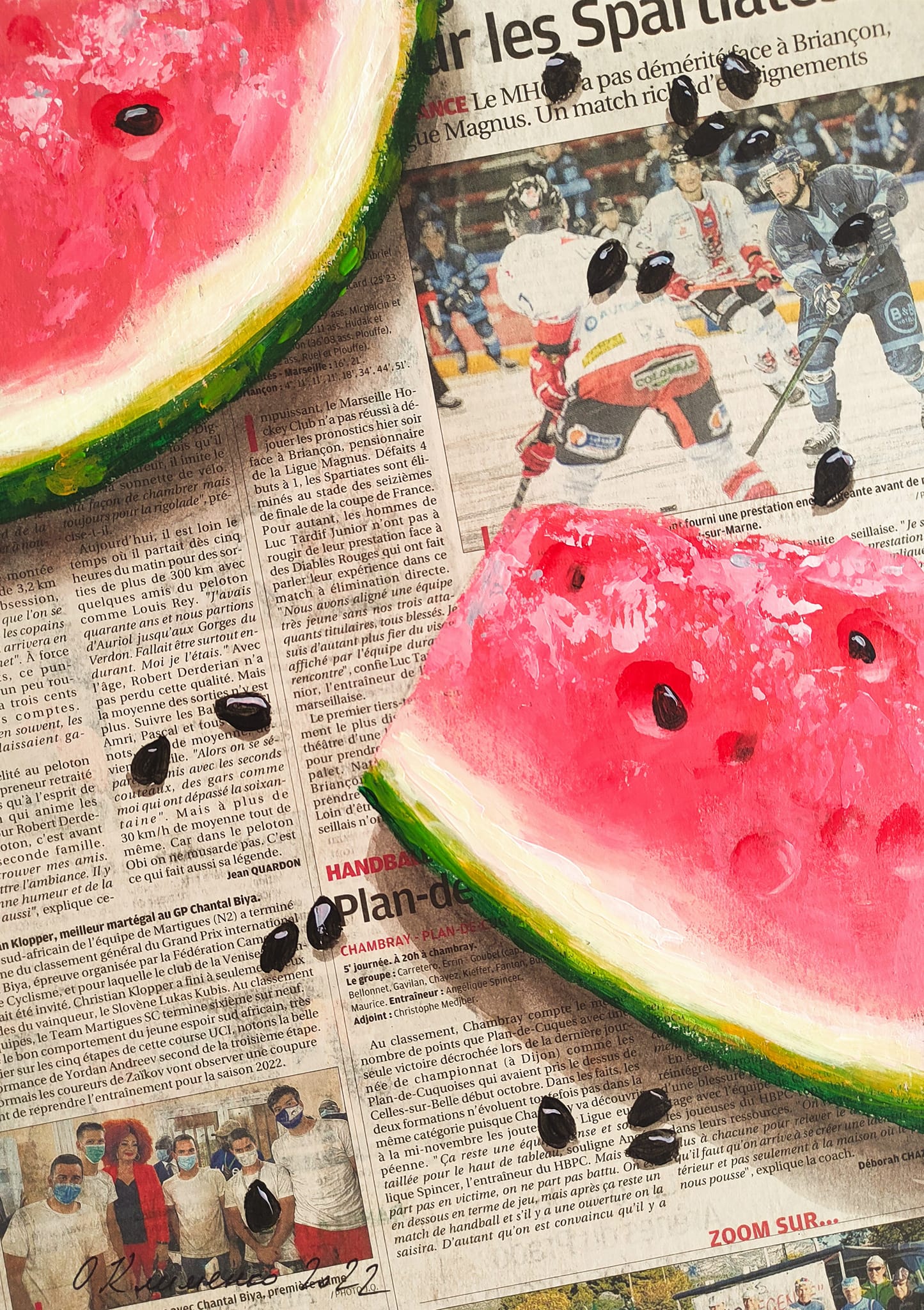 "Watermelons" - "Кавуни", 2022, Canvas on cardboard, newspaper, acrylic, 33x24 cm, Olena Klymenko.