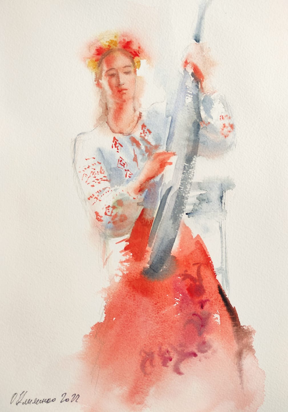 "Bandura Player" - "Бандуристка", 2022, Paper, watercolor, 36x26 cm, Olena Klymenko.