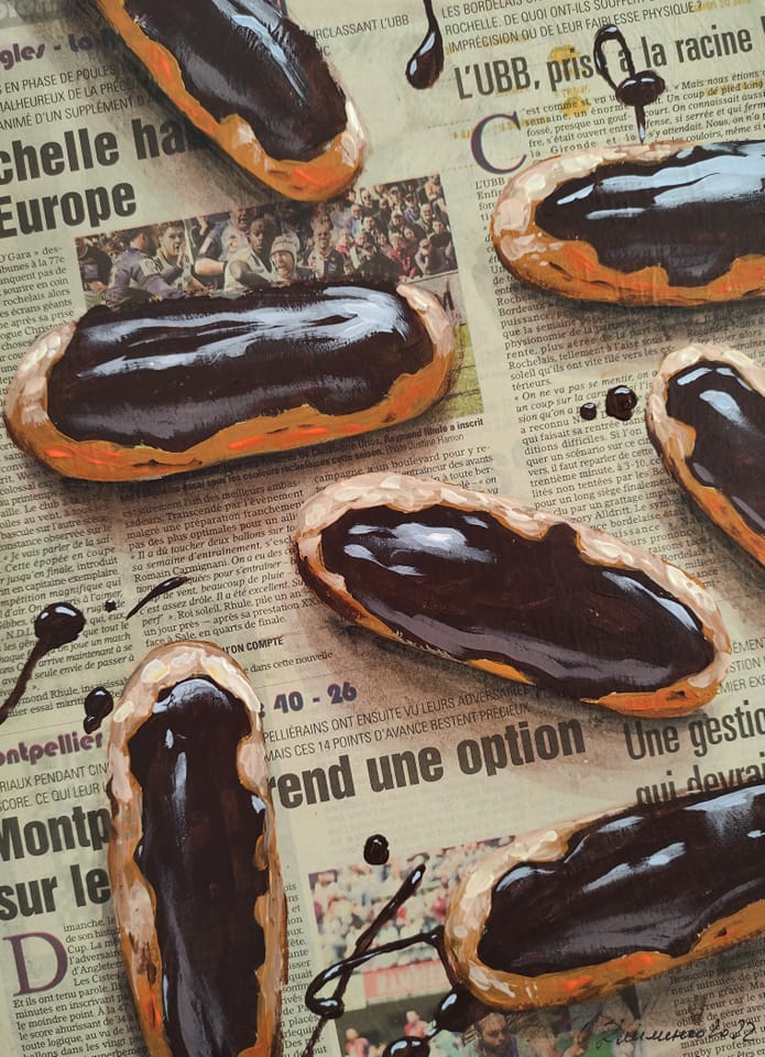 "Eclairs" - "Еклери", 2022, hardboard, paper, oil, 46x38 cm, Olena Klymenko.