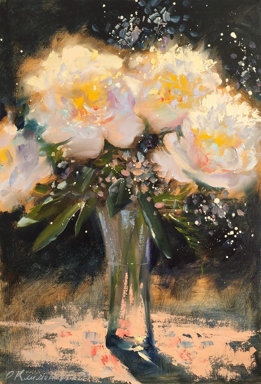 "Morning Peonies" - "Вранішні півонії", 2023, Canvas, oil, 55x38 cm, Olena Klymenko.