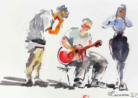 "Musicians" - "Музики", 2023, From the series "Concert", Paper, watercolor, 50x70 cm, Olena Klymenko.