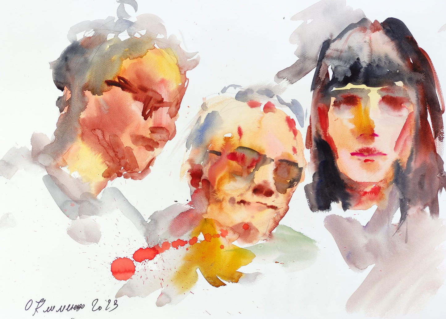 "Portrait of Three Musicians" - "Портрет трьох музик", 2023, Series "Concert", Paper, watercolor, 50x70 cm, Olena Klymenko.