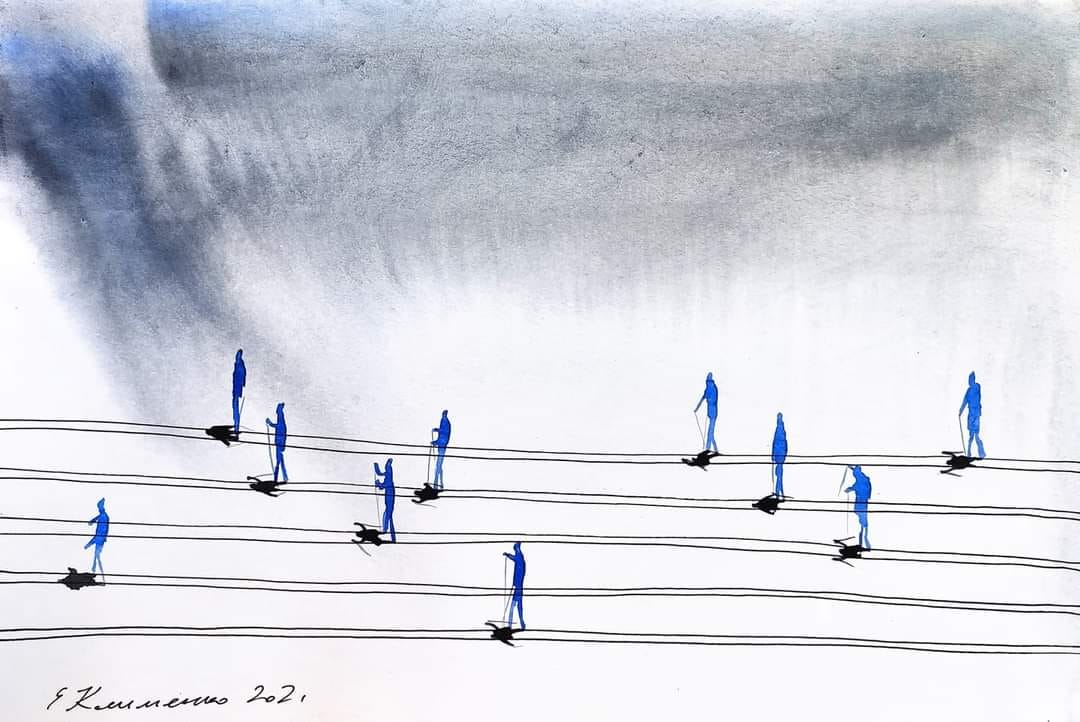 "Music of Skiing" - "Музика лиж", 2021, Paper, watercolor, 45x57 см, Olena Klymenko. France.