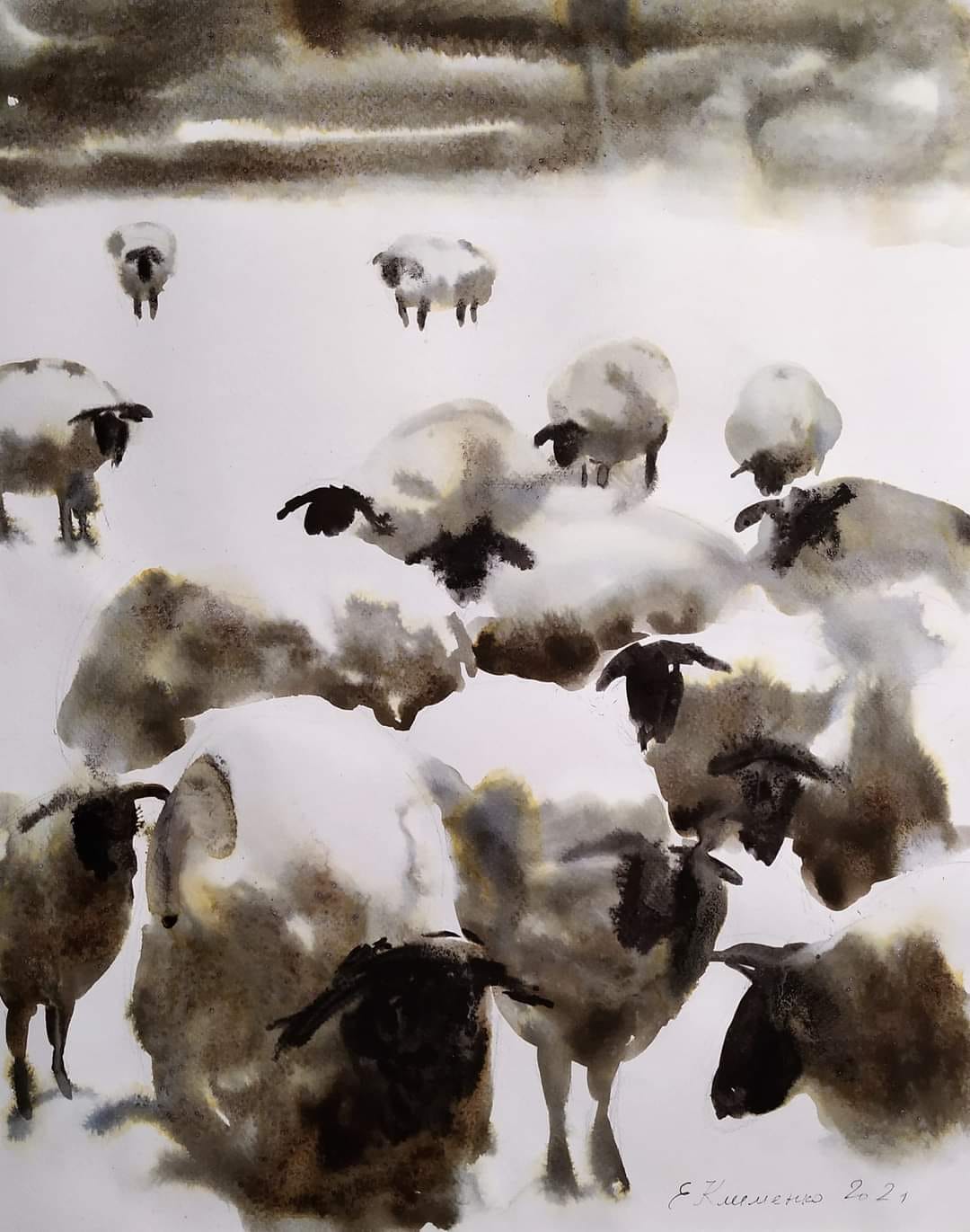 "Pasture" - "Отара", 2021, Paper, watercolor, 52x43 cm, Olena Klymenko.