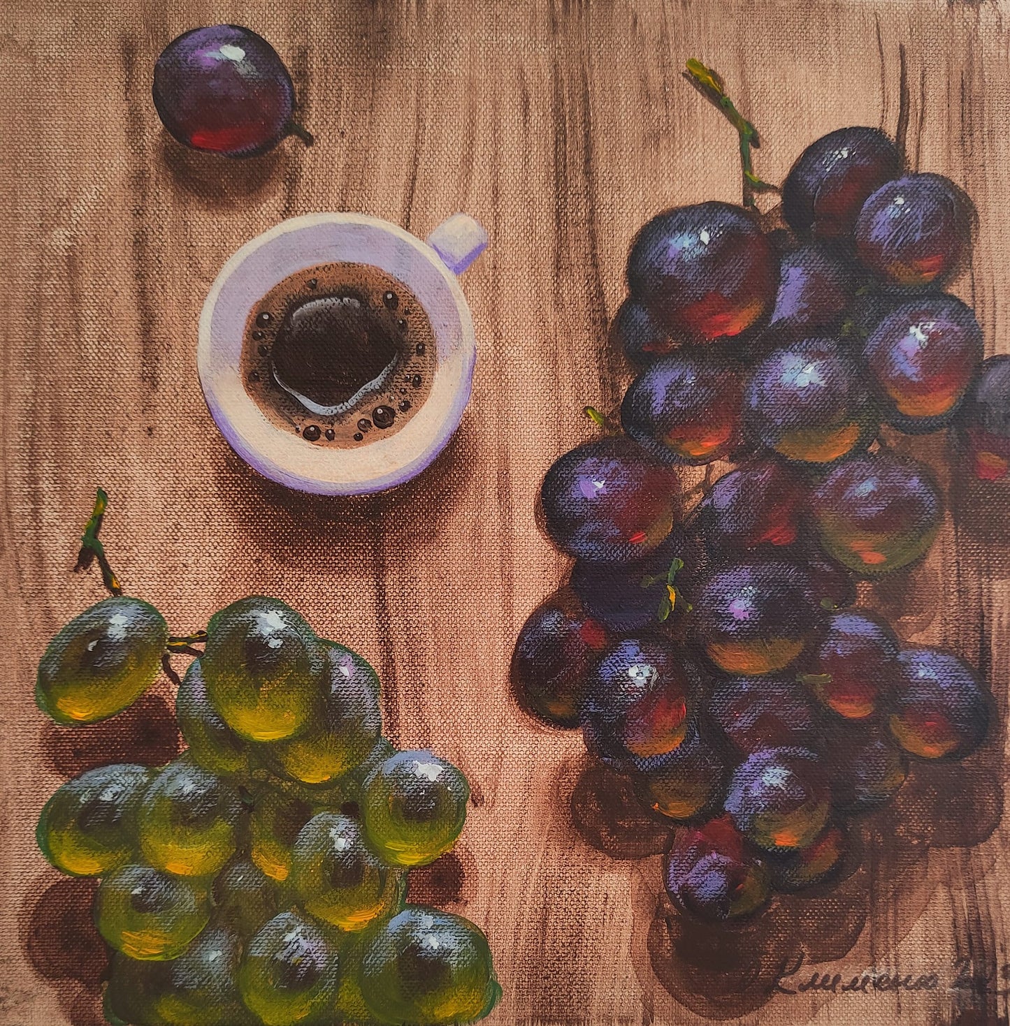 "Coffee with a Hint of Grapes" - "Кава з присмаком винограду", 2023, Canvas, acrylic, 30x30 cm, Olena Klymenko.