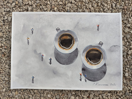 "Morning Coffee" - "Ранкова кава", 2022, hardboard, paper, oil, 35x50 cm, Olena Klymenko.