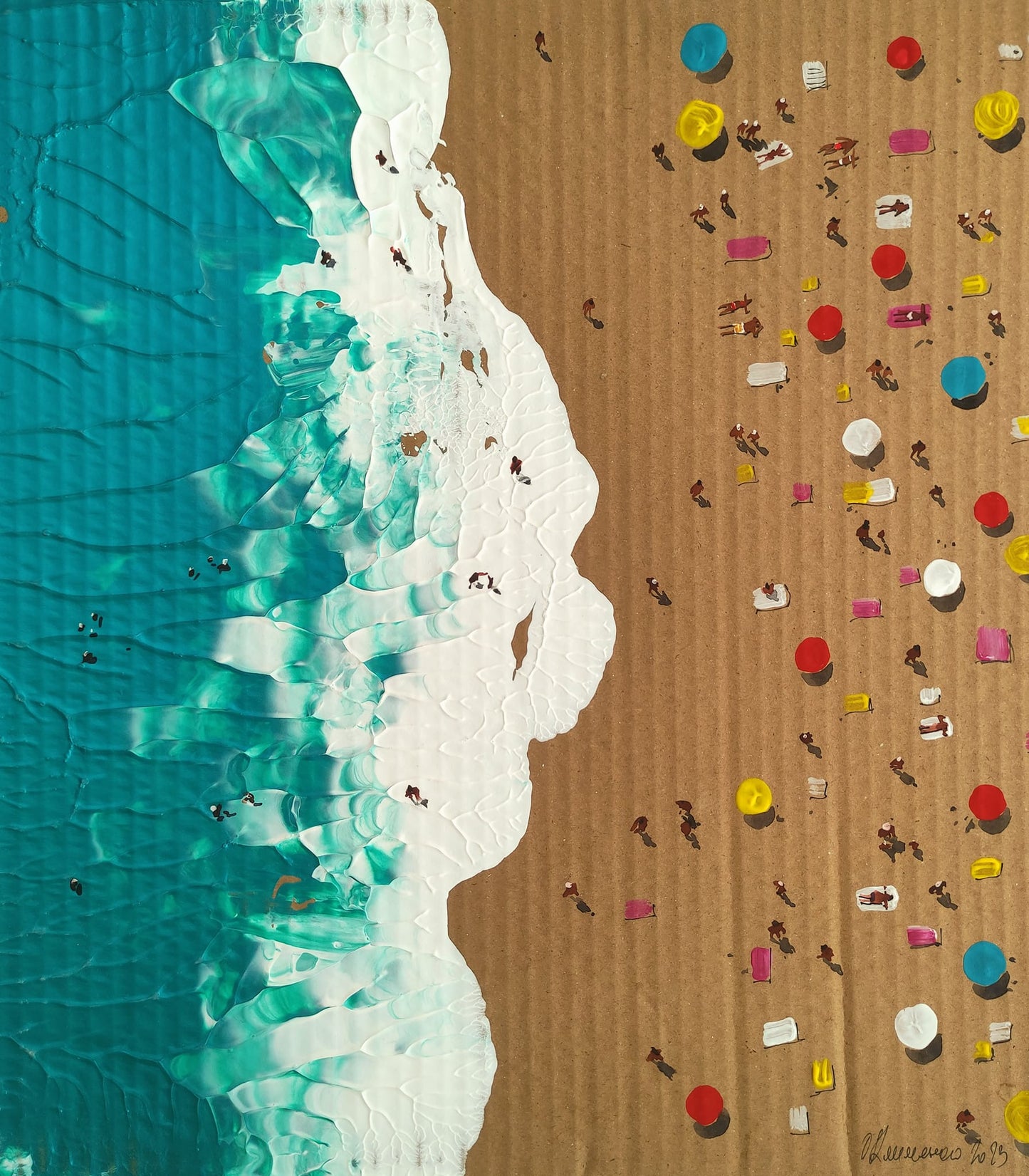 "Beach Season" - "Пляжний сезон", 2023, Corrugated cardboard, acrylic, watercolor, 43x38 cm, Olena Klymenko.