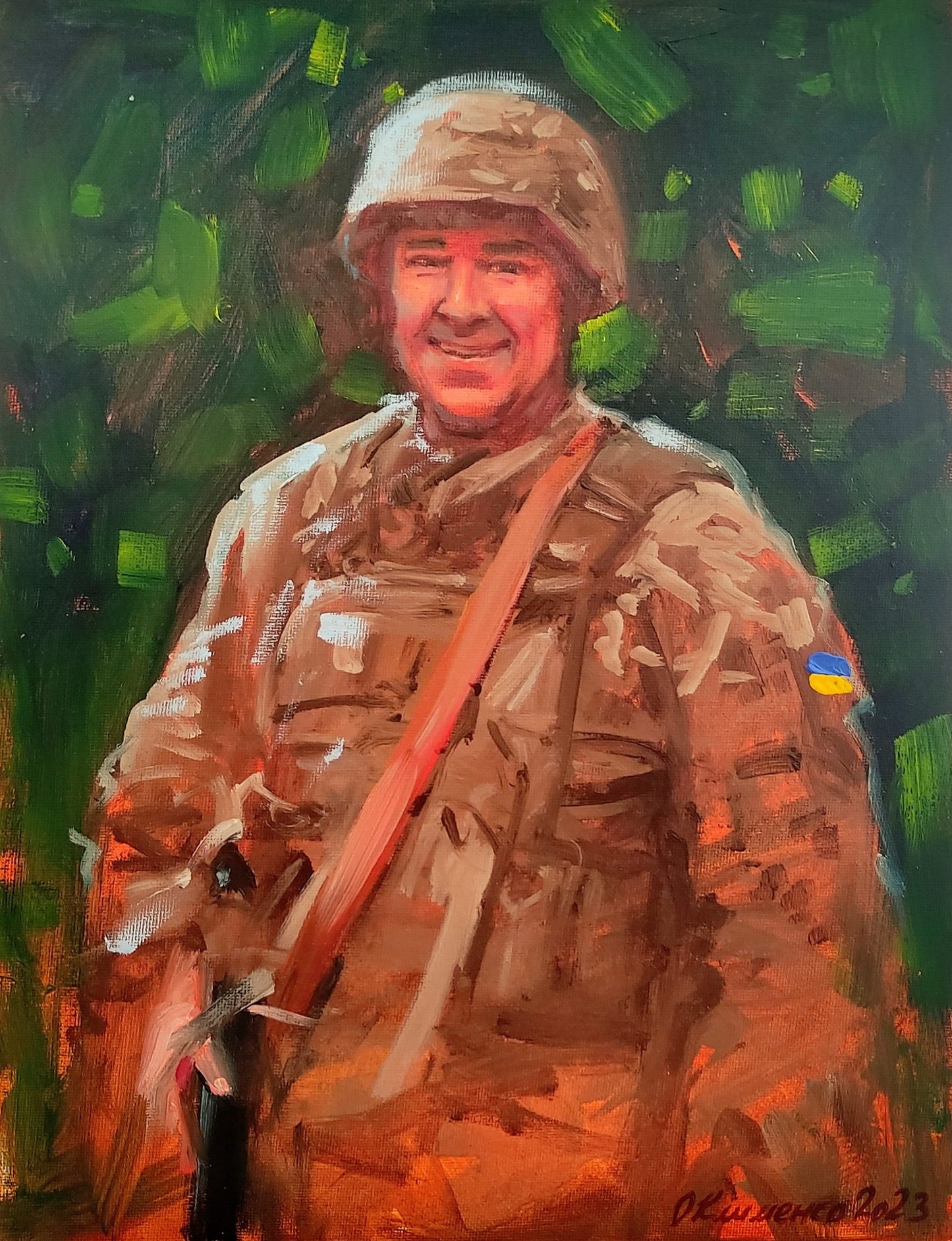 "Portrait of my friend and classmate Gennadiy, who is currently in a hot spot defending our Independence. Canvas on cardboard, oil, 35x26 cm, Olena Klymenko."