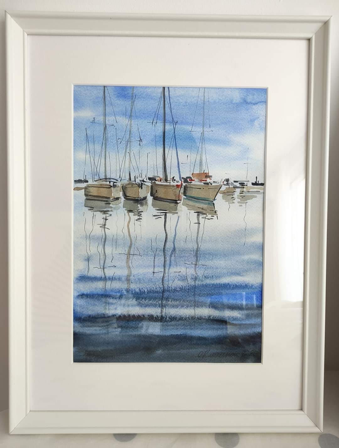 "Yachts" - "Яхти", 2022, Paper, watercolor, 30x21 cm, Mounted with mat and framed under glass, Overall size with frame 40x30 cm. Olena Klymenko.