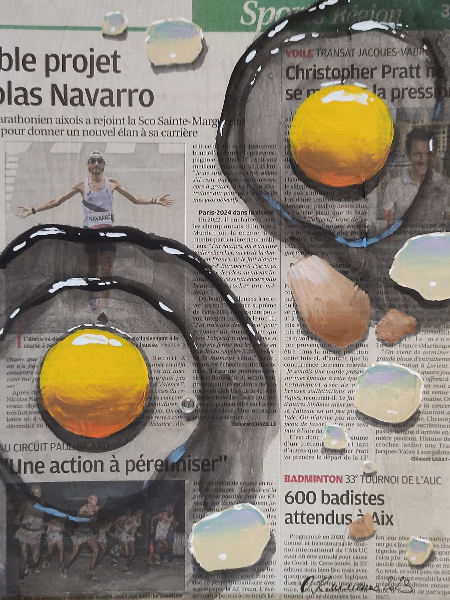 "Eggs" - "Les oeufs", 2023, Cardboard, newspaper, acrylic, 32x24 cm, Olena Klymenko.