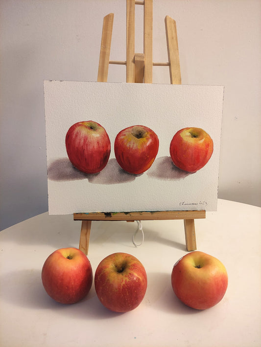 "Three Apples" - "Три яблука", 2023, Paper, watercolor, 23x31 cm, Olena Klymenko.