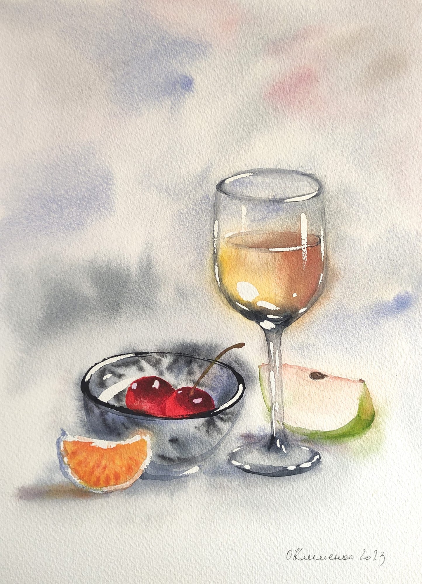 "Wine and Fruits" - "Вино та фрукти", 2023, Paper, watercolor, 31x23 cm, Olena Klymenko.