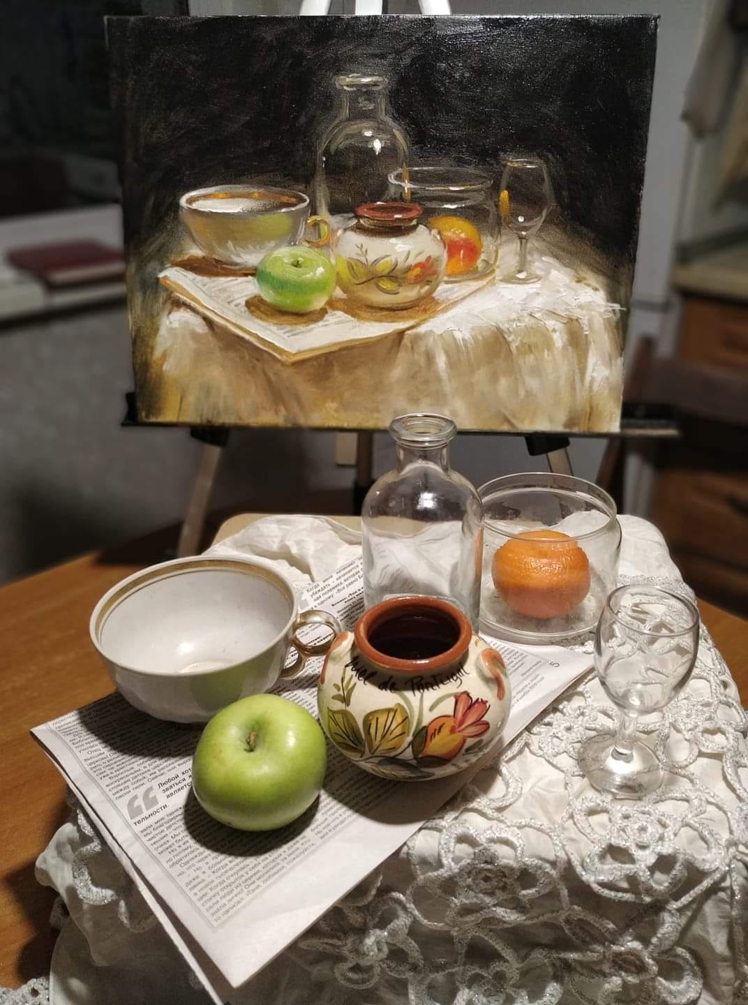 "Old Still Life, long been in a private collection, but I still like it). For the setup, I collected items that were in the kitchen. Decided to add a newspaper, which later became present in my works in its natural form).