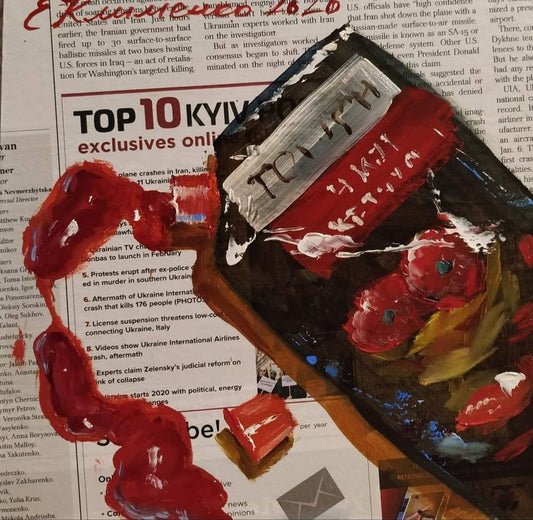 "Ketchup" - "Кетчуп", 2022, hardboard, paper, oil, 46x38 cm, Olena Klymenko.