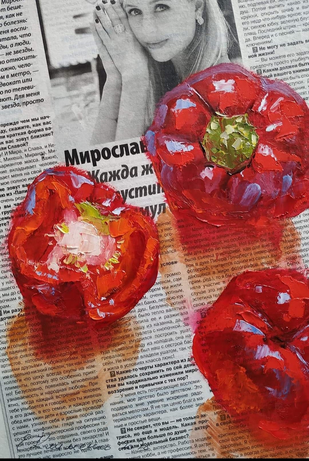 "Sweet Peppers" - "Солодкі перці", 2022, hardboard, paper, oil, 46x38 cm, Olena Klymenko.