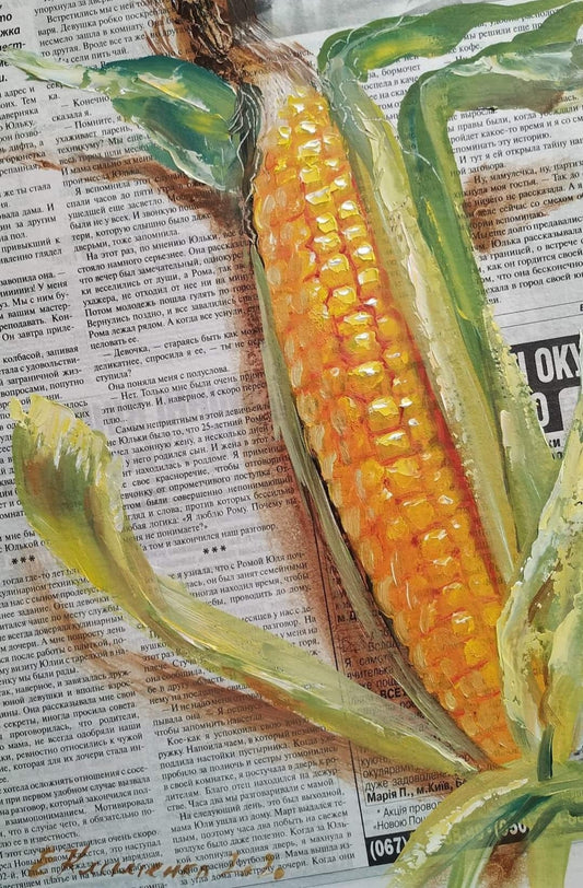 "Corn" - "Кукурудза", 2022, hardboard, paper, oil, 46x38 cm, Olena Klymenko.