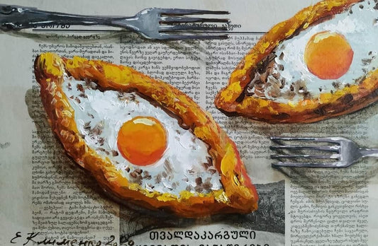 "Khachapuri" - "Хачапурі", 2022, hardboard, paper, oil, 46x38 cm, Olena Klymenko.