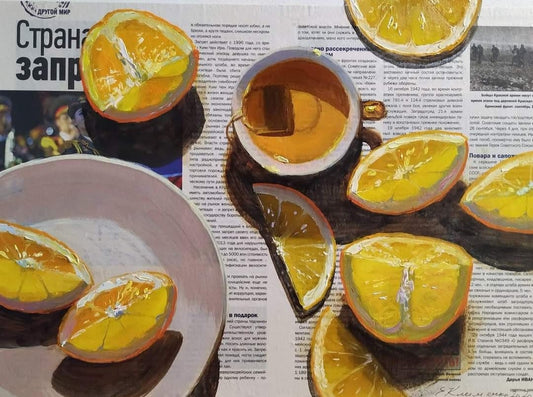 "Citrus" - "Цитрус", 2022, hardboard, paper, oil, 46x38 cm, Olena Klymenko.