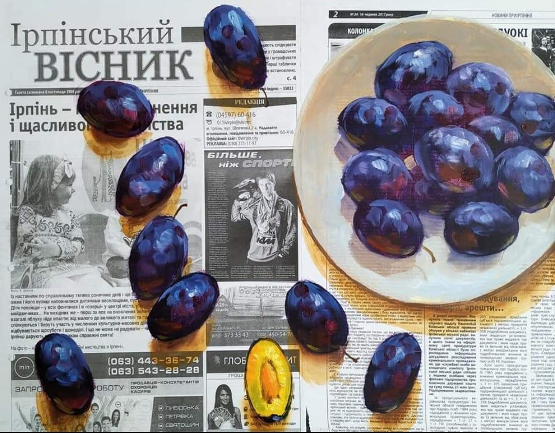 "Blue Plums" - "Сині сливи", 2022, hardboard, paper, oil, 46x38 cm, Olena Klymenko.