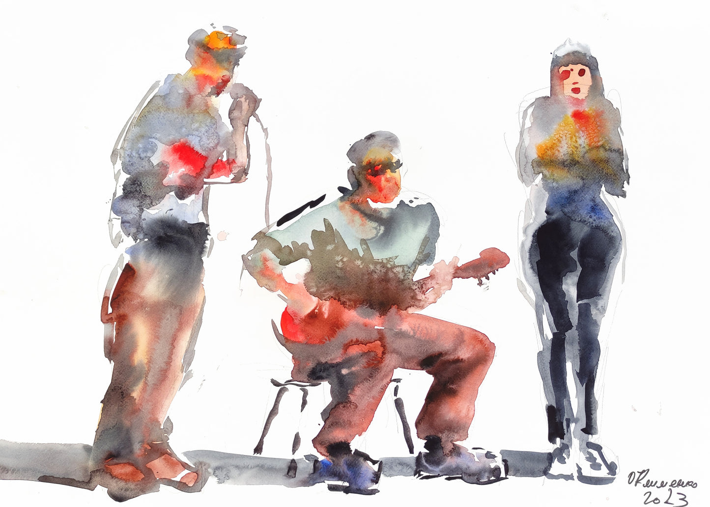 «Musiciens», 2023, papier, aquarelle, 50x70 cm.